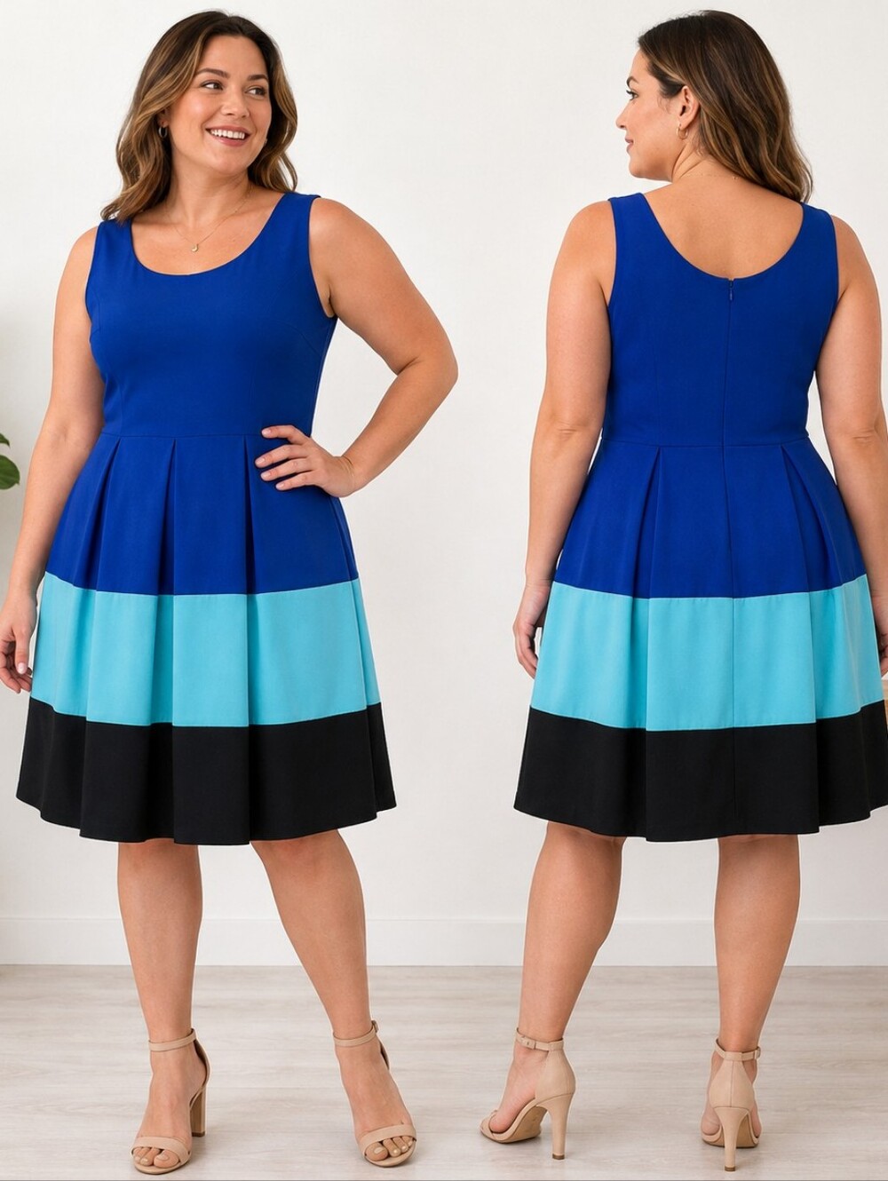 Tiana B Size 10 Blue Aqua Black Colorblock Fit & Flare Dress Contemporary Mod Pr